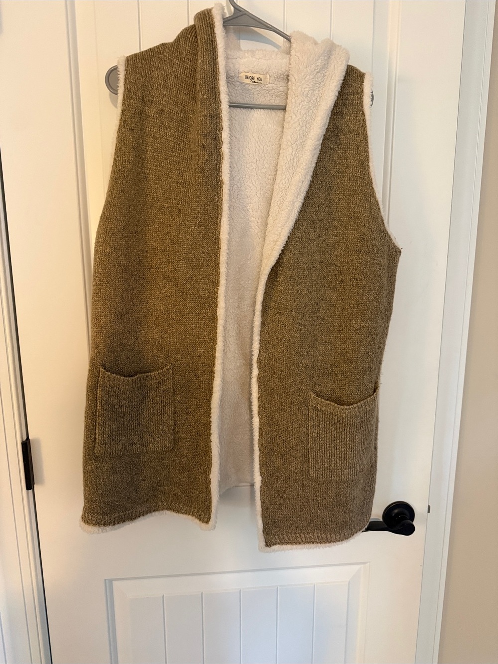 Women’s boutique Sherpa-Lined Knit Vest in Olive Taupe with Hood